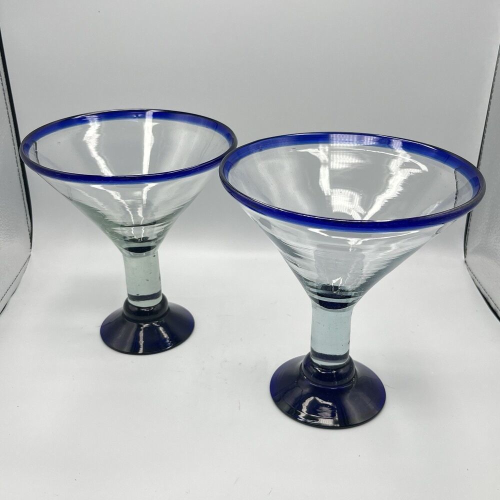 2 Vintage 20 oz Mexican Martini Margarita Cobalt Blue Rim Base Recycled Glasses